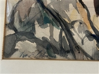 Original Watercolor on Cardboard Getting Water at Well Signed
