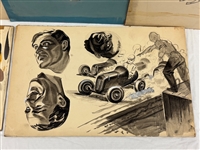 (5) Edward Dobrotka Hand Painted Sketches Ice Skaters, Auto Race and Expression Studies