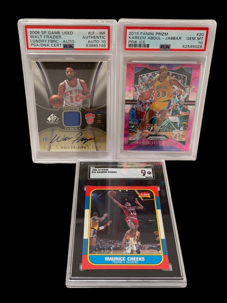 (3) Graded Basketball Cards; Frazier Auto, Abdul Jabbar, Cheeks