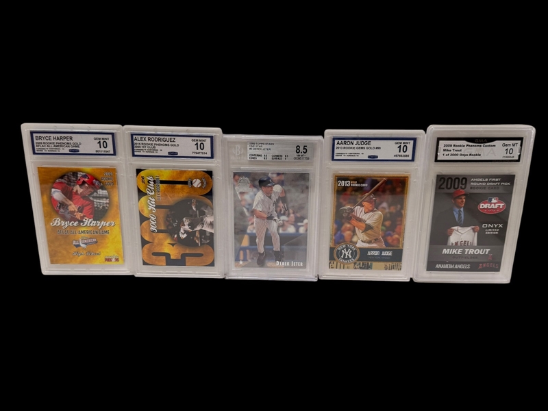 (5) Graded Baseball Cards; Trout, Judge, Jeter, Rodriguez, Harper