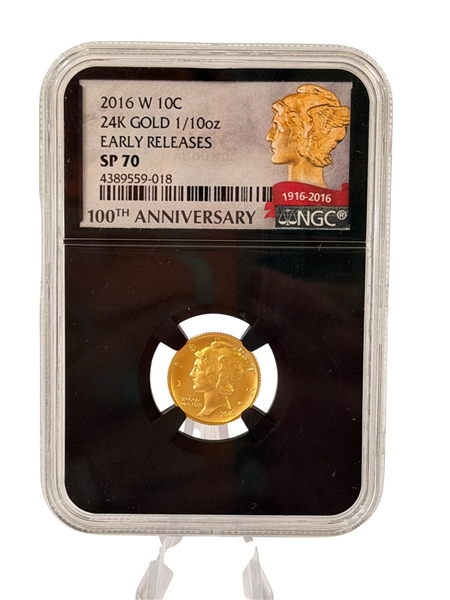 2016-W 10 Cent 24k Gold 1/10 Ounce Early Release SP70 100th Anniversary NGC
