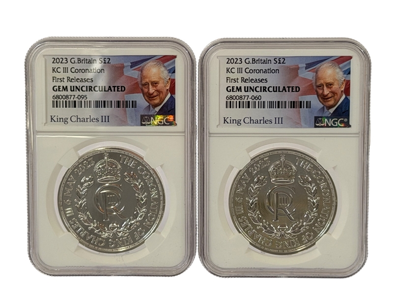 (2) 2023 Great Britain 2 Pound Silver Coins KCIII Coronation First Releases GEM UNC NGC