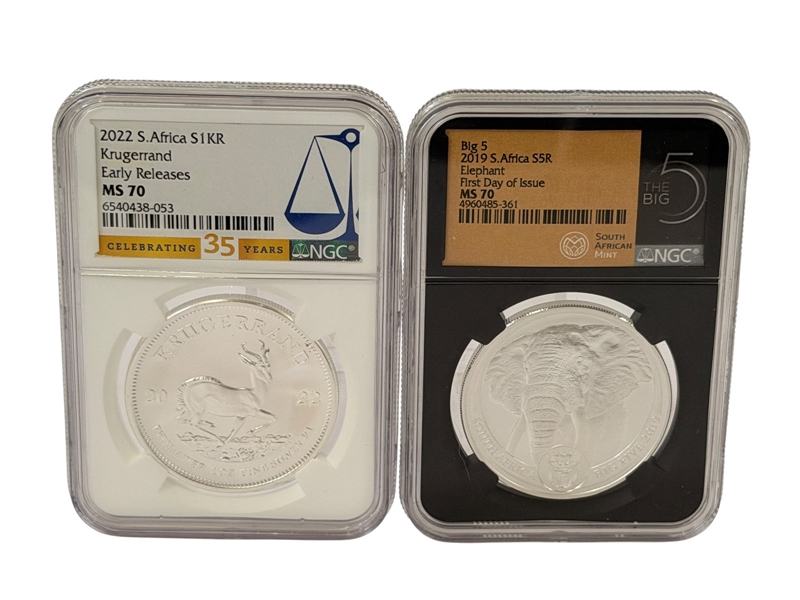 (2) South Africa Graded Coins; 2022 Krugerrand MS70, 2019 5R Elephant FDI MS70