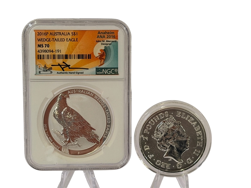 2016-P Australia 1 Dollar Wedge-Tailed Eagle MS70 NGC Signed John Mercanti, Unslabbed Silver 2 Pound QEII One Ounce Silver Coin