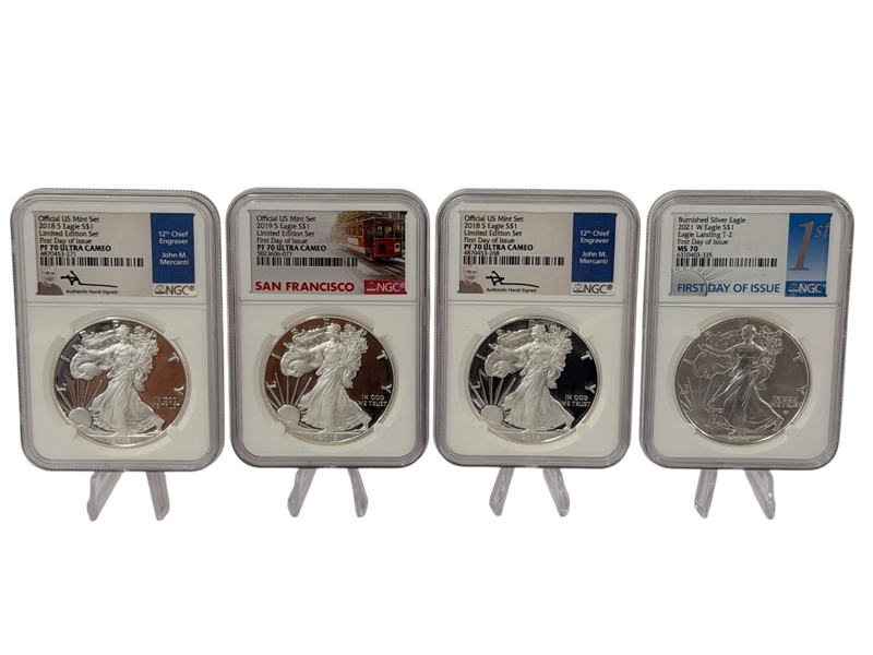 (4) American Eagles All NGC PF70, MS70, Signed
