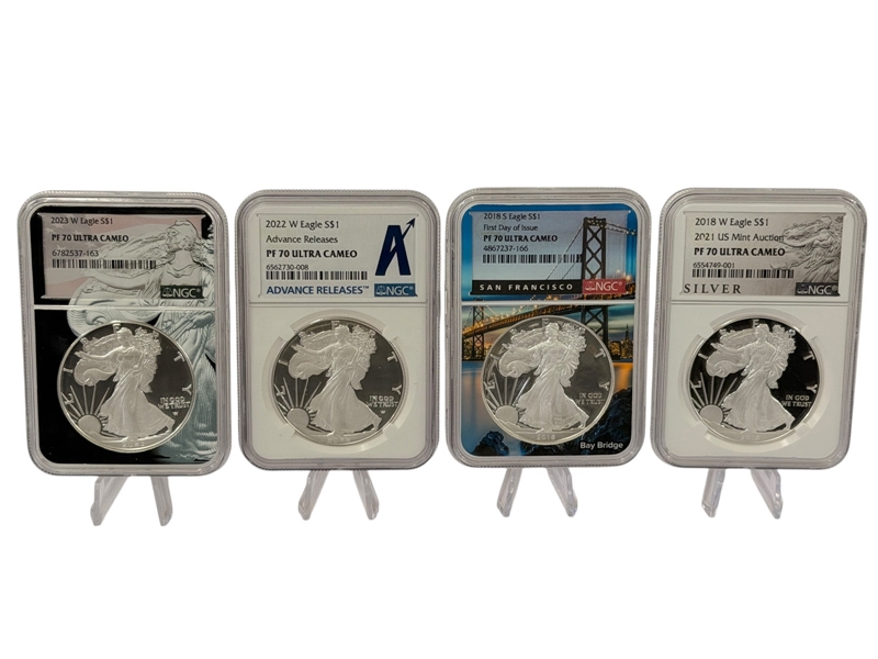 (4) American Eagles 2018, 2022, 2023 All PF70 Ultra Cameos NGC