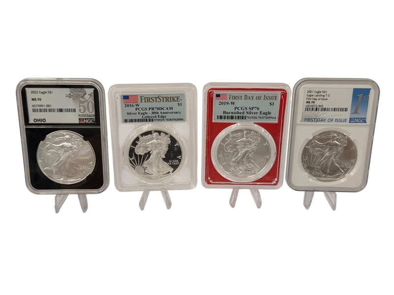 (4) American Eagles 2016, 2019, 2021, 2022 NGC, PCGS, Burnished, Lettered Edge