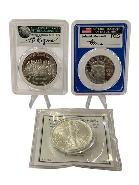 (3) Commemorative Silver Coins; American Eagle, US Mint, Statue of Liberty, PCGS