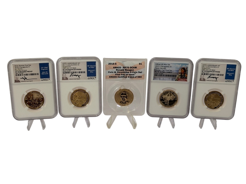 (5) Graded Dollar Coins: Jim Thorpe, Sequoyah, Ronald Reagan, Maria Tallchief
