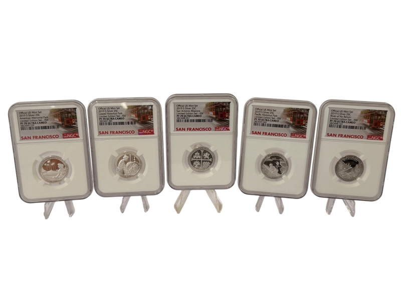 (5) Graded Quarters Official US Mint Set 2019-S Limited Edition Set FDI PF70 Ultra Cameo San Francisco Mint NGC