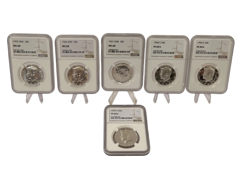 (6) Graded J.F. Kennedy Halves 40% Silver NGC