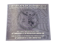 40th Anniversary Mexican Silver Libertad Coin and Bar. 3 Ounces .999 Silver Reverse Proof Original Box and COA