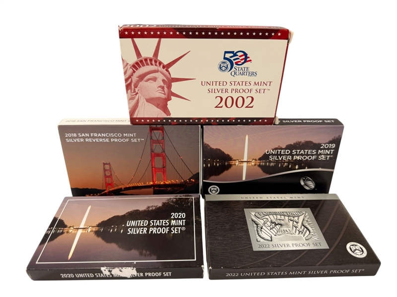 (5) US Mint Silver Proof Sets in Boxes; 2002, 2018, 2019, 2020, 2022