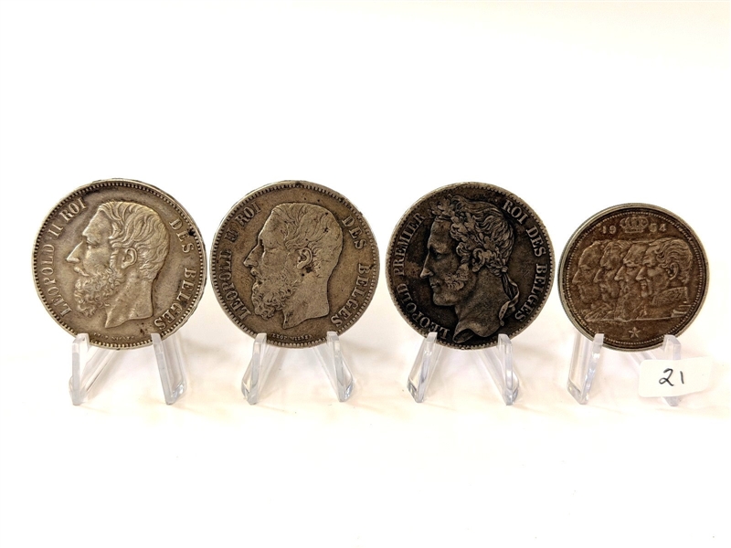 (4) Belgium 5, 100 Francs Coins .835, .900 Silver