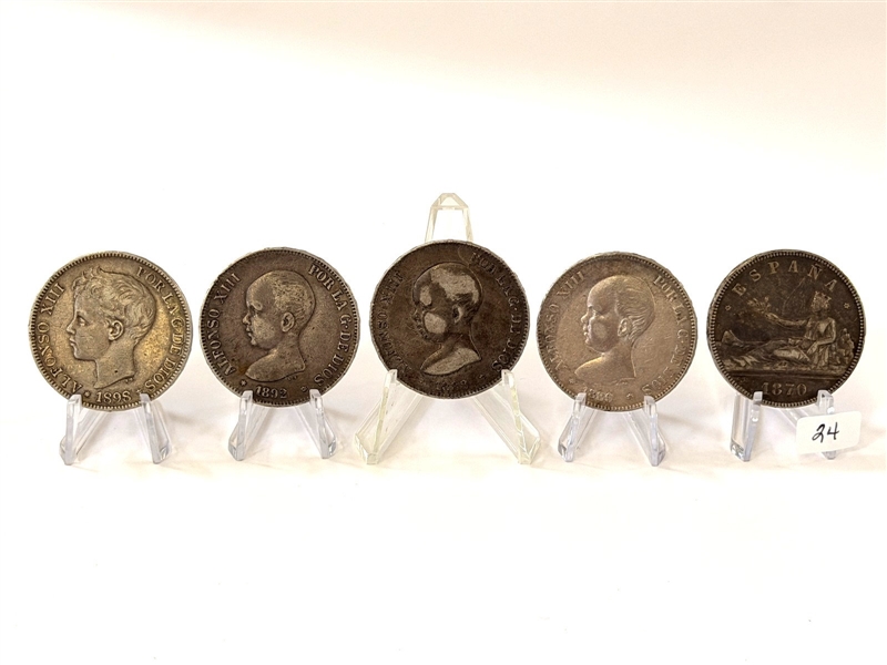 (5) Spain 5 Pesetas .900 Silver Coins