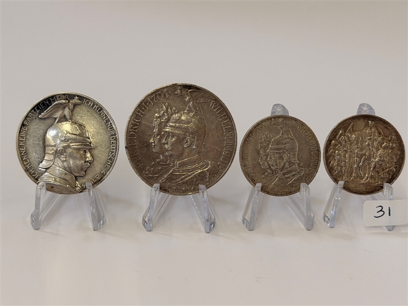 (4) Germany 2 and 5 Mark Coins, Wilhelm II Silver Medal