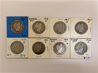 (8) Barber Silver Half Dollars: 1895-1915