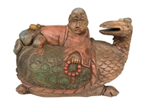 Polychrome Carved Sculpture Budai or Daoist Immortal Atop Mythical Birds Export Piece