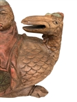 Polychrome Carved Sculpture Budai or Daoist Immortal Atop Mythical Birds Export Piece