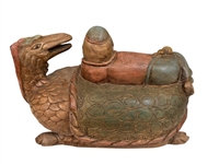 Polychrome Carved Sculpture Budai or Daoist Immortal Atop Mythical Birds Export Piece
