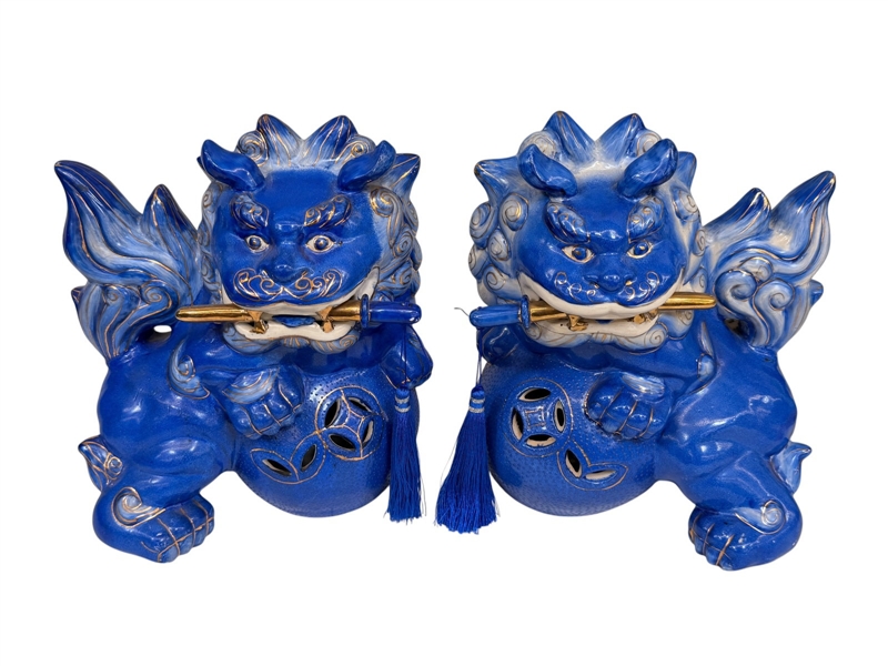 Pair of Cobalt Gilt Porcelain Foo Dogs