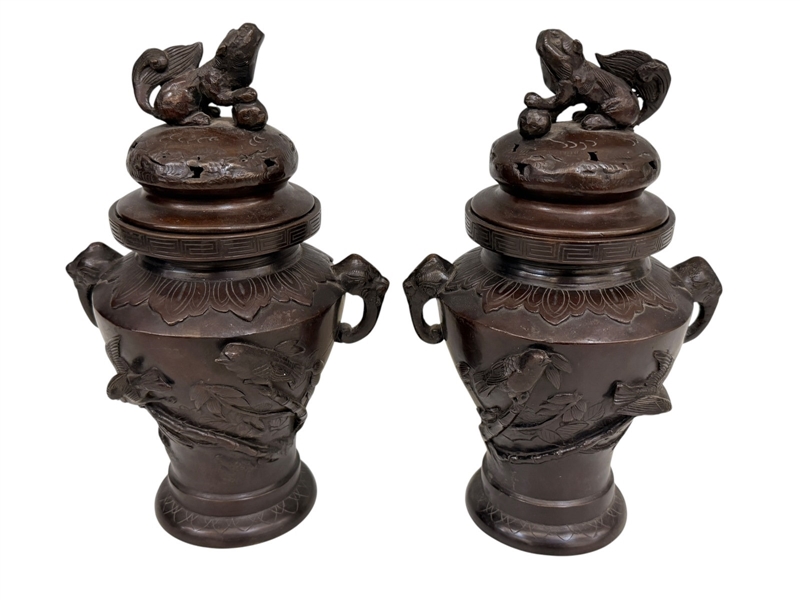 Pair Bronze Lidded Censors