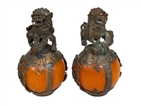 Pair Tibetan Silver Feng Shui Foo Dogs and Porcelain Snuff Bottle