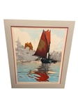 Colored Etching Sailboats Matted and Signed After Auguste Cavignac
