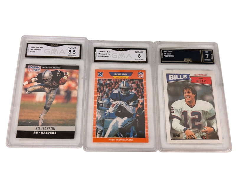 (3) Graded Sports Cards; Bo Jackson, Michael Irvin, Jim Kelly