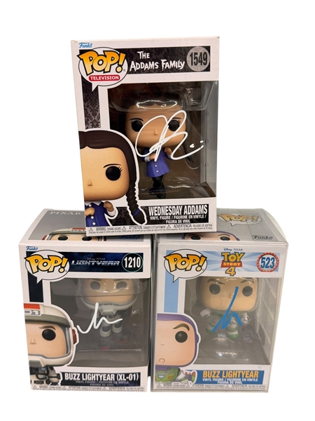 (3) Autographed Funko Pops; (2) Tim Allen Buzz Lightyear, (1) Christina Ricci Wednesday