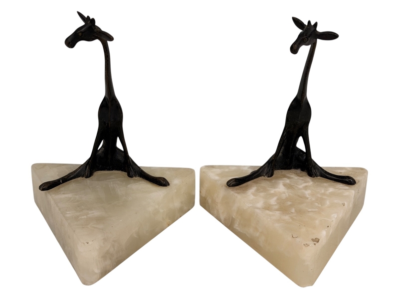 Pair of Bronze Figural Giraffes on Triangular Marble Plinths
