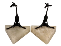 Pair of Bronze Figural Giraffes on Triangular Marble Plinths