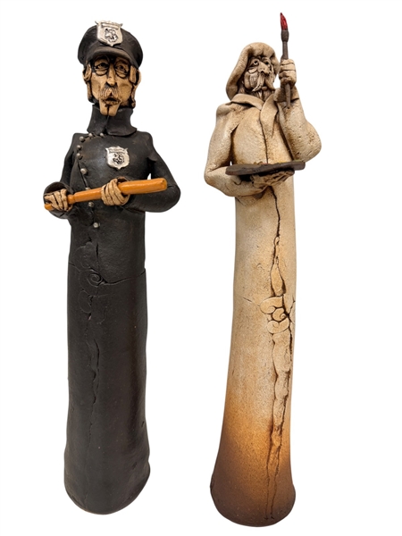 Pair People Pot Figurines by James Robert Black; Policeman and Painter