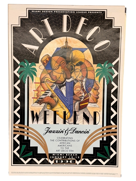 Dinizulu Gene Tinnie Designed Art Deco Weekend "Jazzin and Dancin" Miami Design Preservation League 1996 Poster