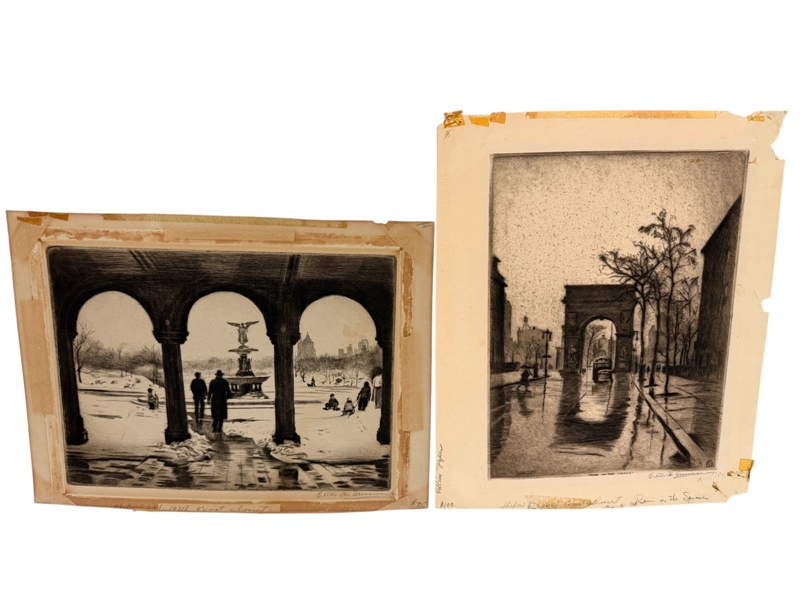(2) Drypoint Etchings by Elias M. Grossman (Amer. 1898-1947) Washington Arch, Bethesda Fountain