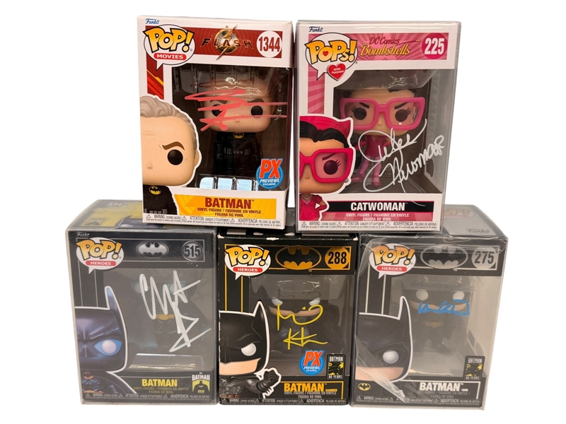(5) Autographed Funko Pops; Batman and Catwoman, Newmar, Affleck, Keaton, Kilmer, Bale