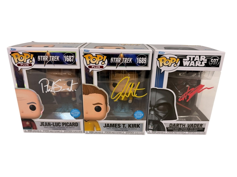 (3) Autographed Funko Pops Star Trek and Star Wars; Patrick Stewart, William Shatner, Hayden Christensen