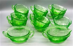 Anchor Hocking Uranium Glass (11) Coffee Tea Cups & Creamer Sugar
