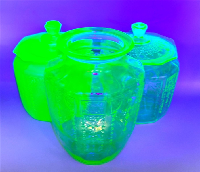 Group Anchor Hocking Uranium Glass Canisters & Vase Princess Green Pattern