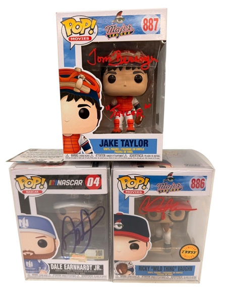 (3) Autographed Funko Pops; Major League Charlie Sheen, Tom Berenger, Nascar Dale Earnhardt Jr.