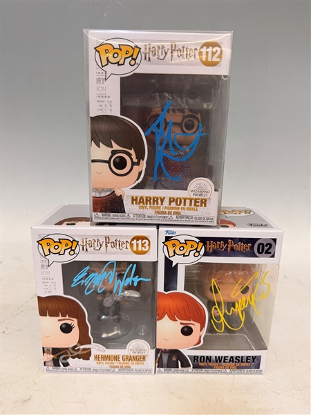 (3) Autographed Funko Pops; Harry Potter; Harry Daniel Radcliffe, Hermione Emma Watson, Ron Rupert Grint