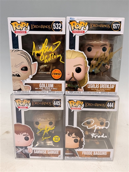 (4) Autographed Funko Pops; LOTR Frodo, Samwise, Gollum, Legolas