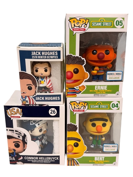 (4) Funko Pops Unsigned; Bert and Ernie, Connor Hellebuyuk, Kack Hughes (Not Funko)