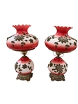 Pair Hurricane Lamps in Red and White with Raised Ormolu Mounting of Flowers