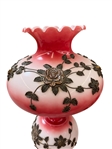 Pair Hurricane Lamps in Red and White with Raised Ormolu Mounting of Flowers