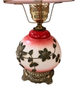 Pair Hurricane Lamps in Red and White with Raised Ormolu Mounting of Flowers