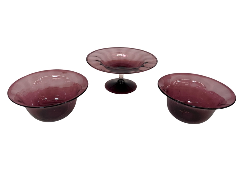 Steuben Amethyst Ribbed Compote and (2) Berry Bowls