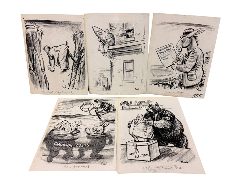 (5) Kenneth E. Crook Original Political Cartoon Art 1960s