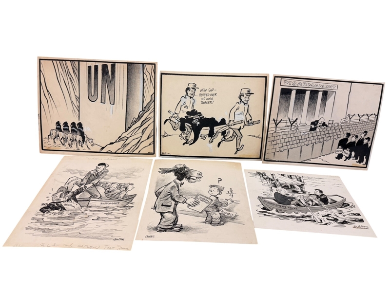 (6) Original Political Cartoon Art by Bastian, Jensen, Valtman