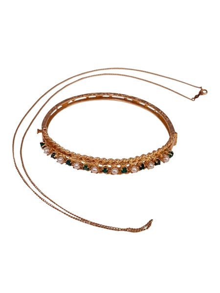 14k Gold Necklace, 14k Gold Cuff Bracelet with Seed Pearls, Emeralds